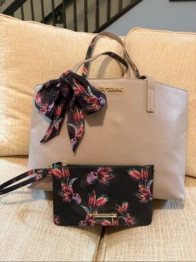 Betsey Johnson Beige Tote with Black Floral Wristlet and Scarf Accent